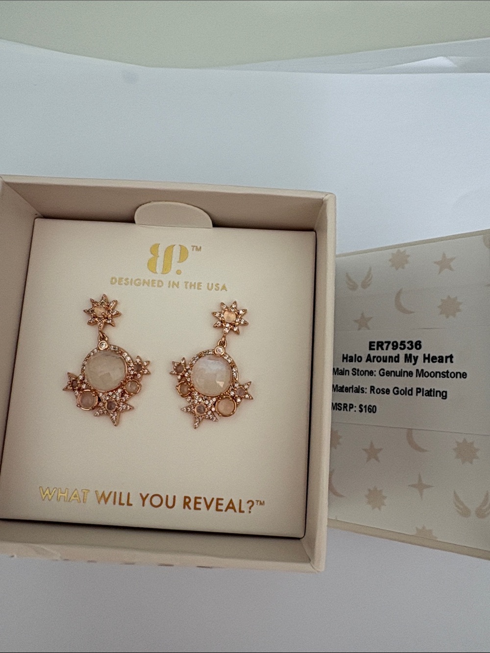 Halo Around My Heart Rose Gold Moonstone Drop Earrings by (unnamed)